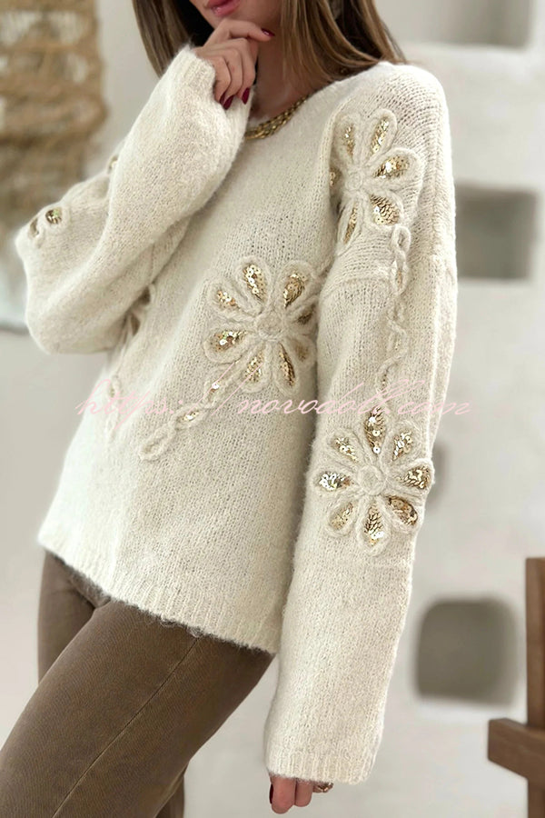 Fashionable Sequined Floral Loose Long-sleeved Knit Sweater