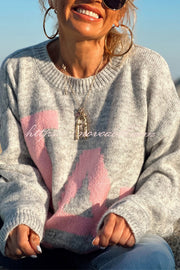 Letter Pattern Crew Neck Long Sleeve Loose Knit Sweater