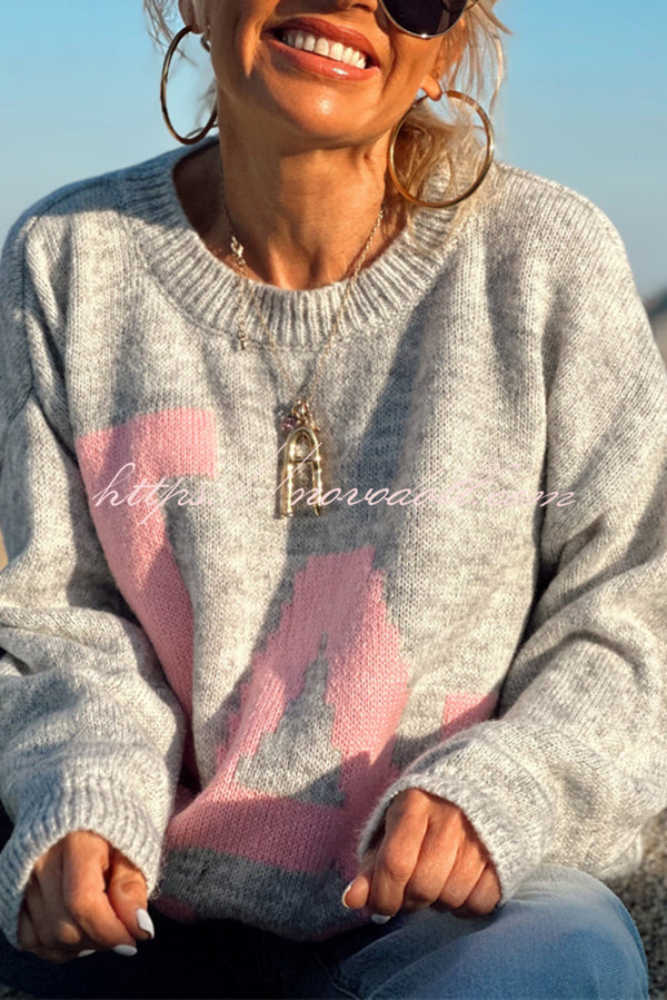 Letter Pattern Crew Neck Long Sleeve Loose Knit Sweater