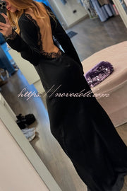 Mystic Moment Satin Lace Trim Long Sleeve Backless Maxi Dress