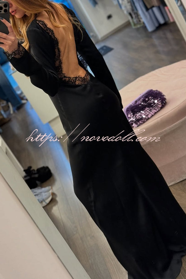Mystic Moment Satin Lace Trim Long Sleeve Backless Maxi Dress