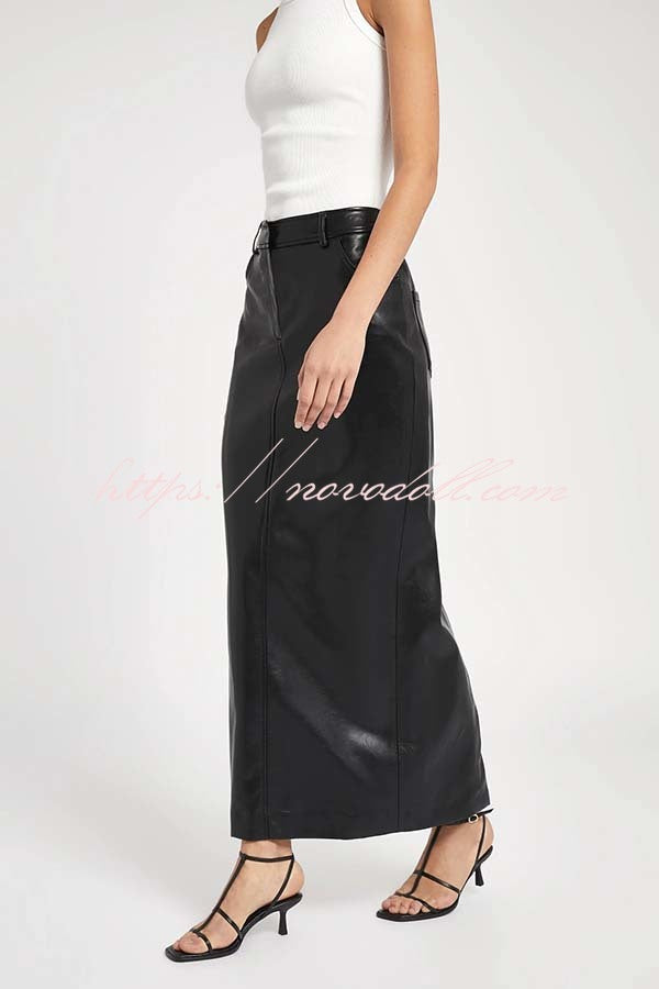 Classic Feel Faux Leather Mid Rise Pocket Slit Stretch Maix Skirt