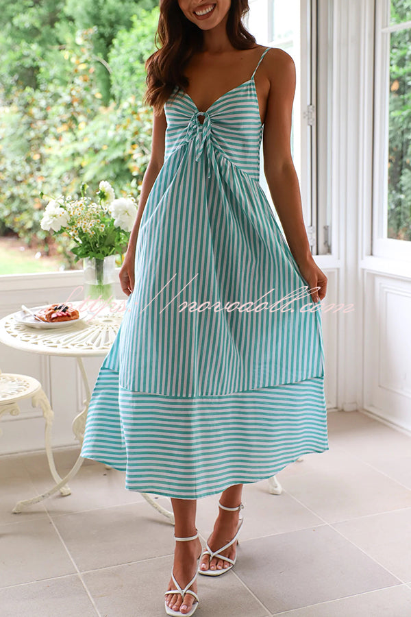 Striped Print Suspenders Gathered Lace-up Loose Midi Dress