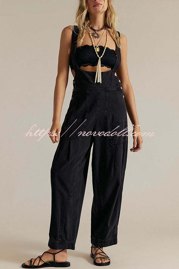 Fashionable Casual Side Pocket Button Loose Denim Overalls