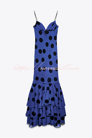 Eliora Mesh Polka Dot Print Gathered Bust Layered Fishtail Hem Maxi Dress
