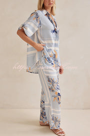 Fashionable Plant Print Loose Lapel Short Sleeve Shirt and Casual Elastic Waist Pocket Pants Set