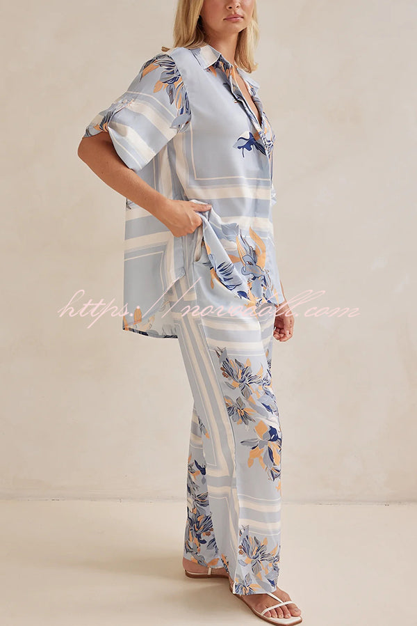 Fashionable Plant Print Loose Lapel Short Sleeve Shirt and Casual Elastic Waist Pocket Pants Set