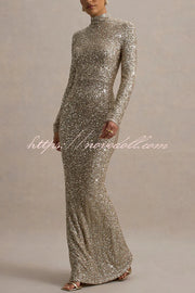 Galaxy Premium Sequin Turtle Neck Long Sleeve Maxi Dress