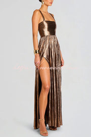 Artistic Quality Metallic Pleated Fabric Removable Straps Slit Maxi Dress
