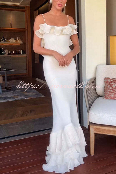 Alisin Pleated Chiffon Wavy Ruffles Trim Slip Maxi Dress