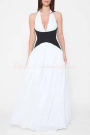 Fashionable Color Matching Sexy Halter Neck Waist Maxi Dress