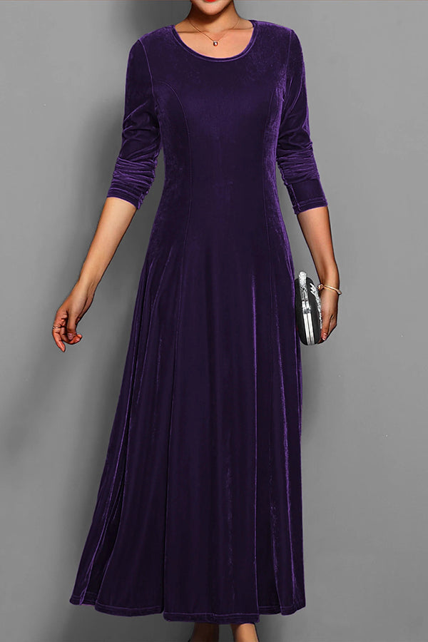 Solid Color Velvet Round Neck Long Sleeve Slim Midi Dress