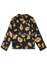 Golden Night Unique Print Color-block Trim Loose Shirt and Elastic Waist Pocketed Pajama Set