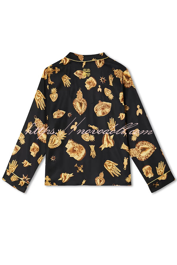 Golden Night Unique Print Color-block Trim Loose Shirt and Elastic Waist Pocketed Pajama Set