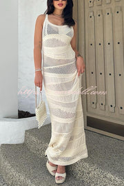 Solid Color Knit Hollow Crew Neck Sleeveless Beach Cover Up Maxi Dress