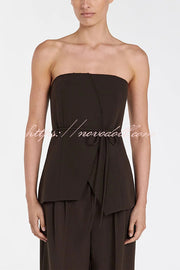 Retro Style Lace-up Tube Top and Casual Pocket Straight Pants Set