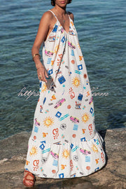 Marisol Linen Blend Unique Print A-line Slip Loose Maxi Dress