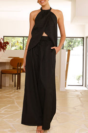 Gette Linen Blend Slit Front Top and High Rise Knoted Pocket Wide Leg Pants Set