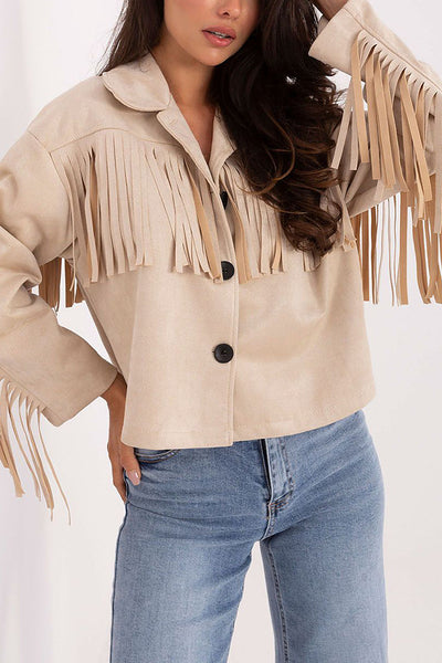 Fashion Lapel Long Sleeve Tassel Decorated Loose Coat