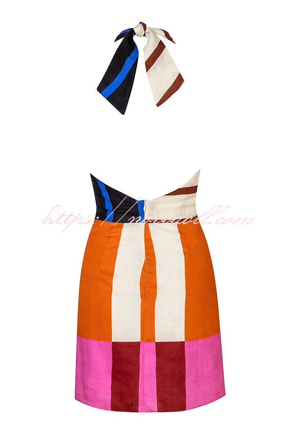 Jeniah Linen Blend Color Block Print Cross Halter Tie-up Loose Mini Dress