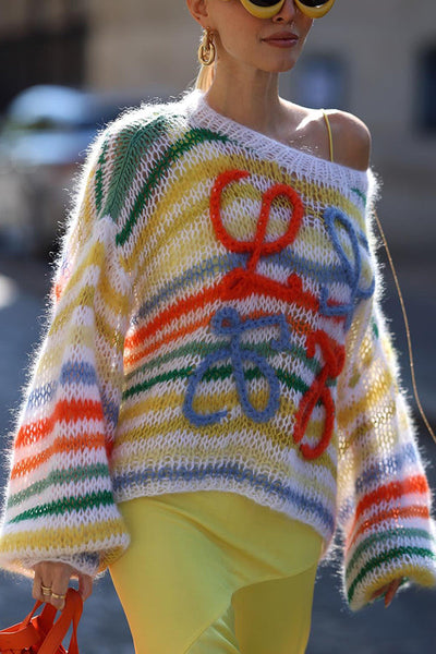 Sunset Cosy Knit Rainbow Contrast Striped Hollow Out Loose Sweater