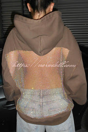 Fashionable Shiny Mesh Hollow Back Loose Long-sleeved Hooded Sweatshirt