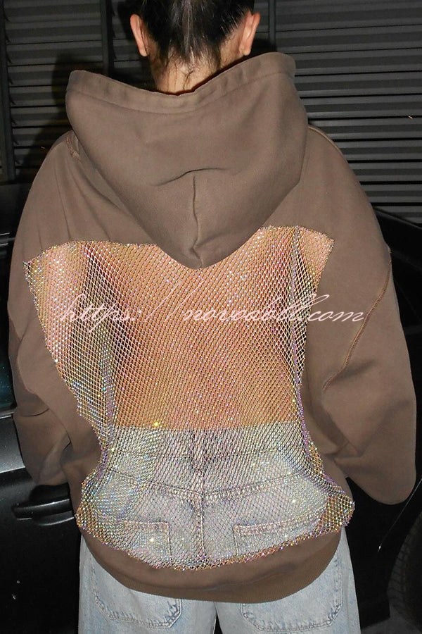 Fashionable Shiny Mesh Hollow Back Loose Long-sleeved Hooded Sweatshirt