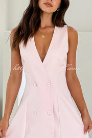 Solid Color Sleeveless V Neck Button Casual Mini Dress