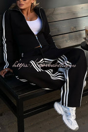 Fashionable Sports Style Striped Long-sleeved Jacket and Elastic Waist Casual Pants Set