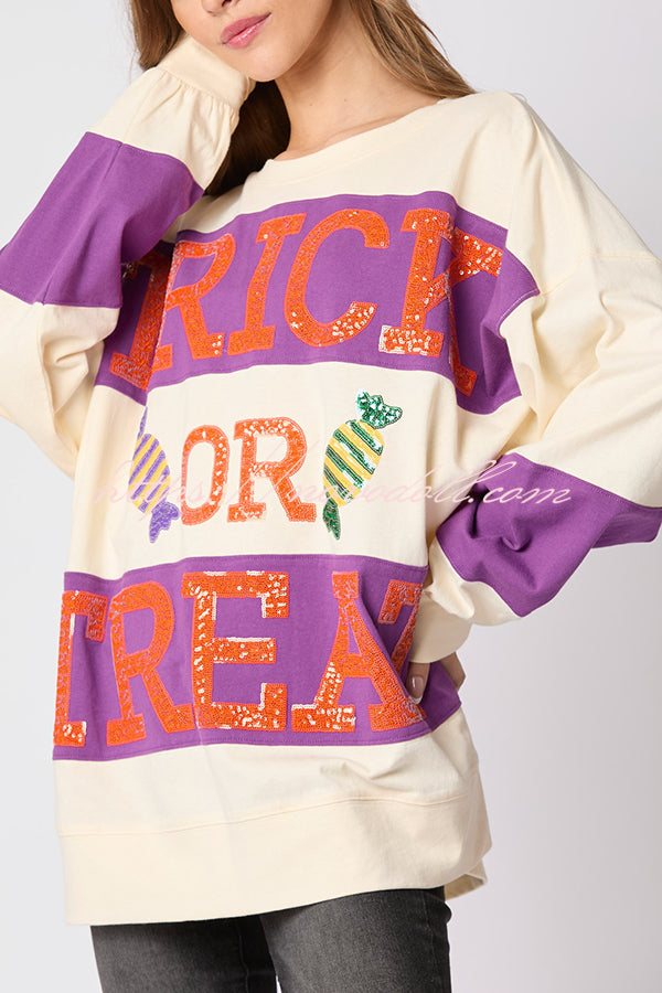 Halloween Letter Sequined Color Block Loose Casual Sweatshirt