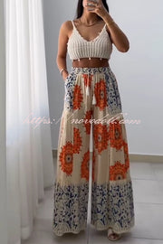 Unique Print Elastic High Waist Tie Pocket Holiday Style Wide Leg Pants