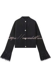 Solid Color Elegant Feather Long Sleeve Casual Knitted Cardigan