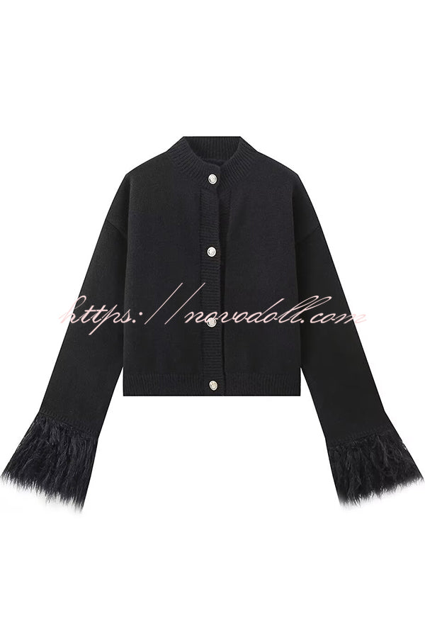 Solid Color Elegant Feather Long Sleeve Casual Knitted Cardigan