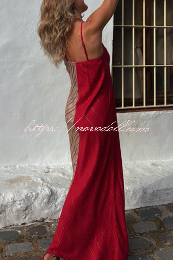 Fashionable Splicing V-neck Suspenders Loose Maxi Dress