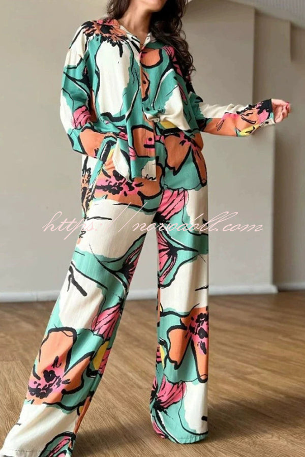 Unique Graffiti Print Casual Long Sleeve Shirt and Elastic Waist Pocket Straight Pants Set