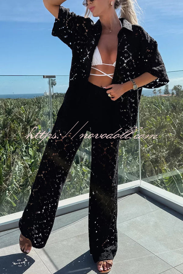 Holiday Crochet Flowers Lace Short Sleeve Shirt and Elastic Waist Wide Leg Pants Set