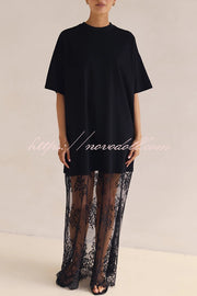 Ophelia Short Sleeve Sheer Floral Lace Hem Oversized T-shirt Maxi Dress