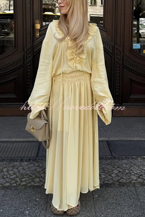 Solid Color Pleated Ruffled Tie Long Sleeve Loose Shirt