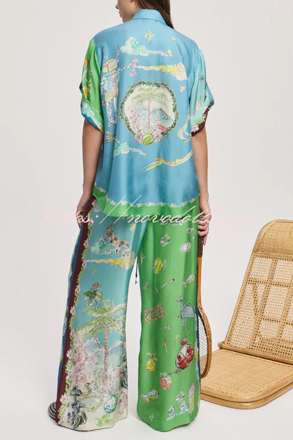 Unique Printed Lapel Short-sleeved Loose Shirt and Elastic Waist Tie Wide-leg Pants Set