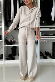 Solid Color Loose Hooded Tie Sweatshirt and Elastic Waist Casual Straight Pants Set