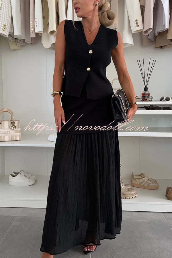 Stylish and Elegant Knit Spliced Tulle Elastic Waist Pleated Maxi Skirt