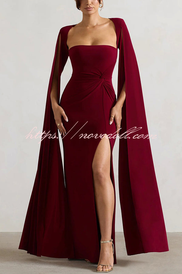 Elegant Goddess Square Neck Twisted Cape Sleeve Slit Maxi Dress