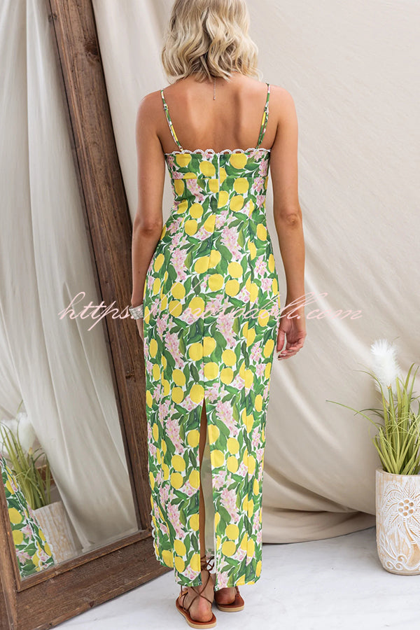 Summer Lemon Print Scalloped Lace Trim Suspender Slim Maxi Dress