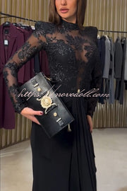 Fenna Sheer Floral Sequin Shoulder Pads Long Sleeve Drape Slit Maxi Dress