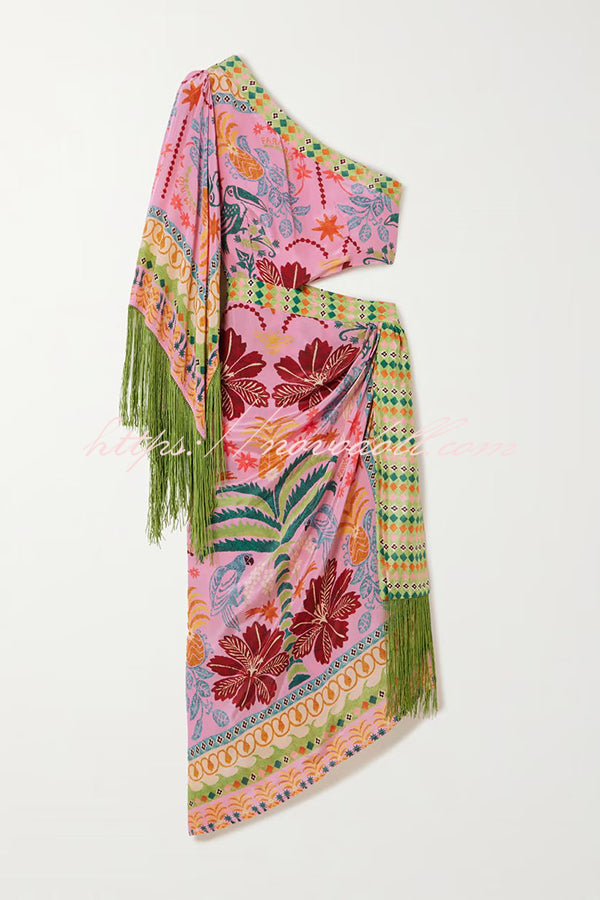 Fruits Queen Unique Print One Shoulder Fringe Detail Scarf Midi Dress