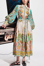 Hello Vacay Unique Print Balloon Sleeve Belt Shirt Midi Dress