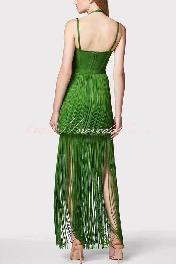 Sexy Halterneck Open Back Elegant Tassel Slim Maxi Dress