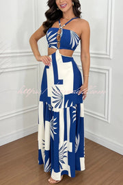 Farrier Printed Front Hollow Ring Design Cutout Slit Maxi Dress