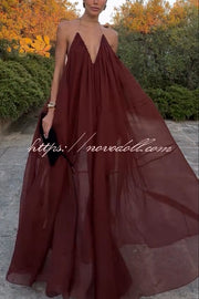 Flowing Lightweight Chiffon Chain Halter Neck Detail Backless A-line Maxi Dress
