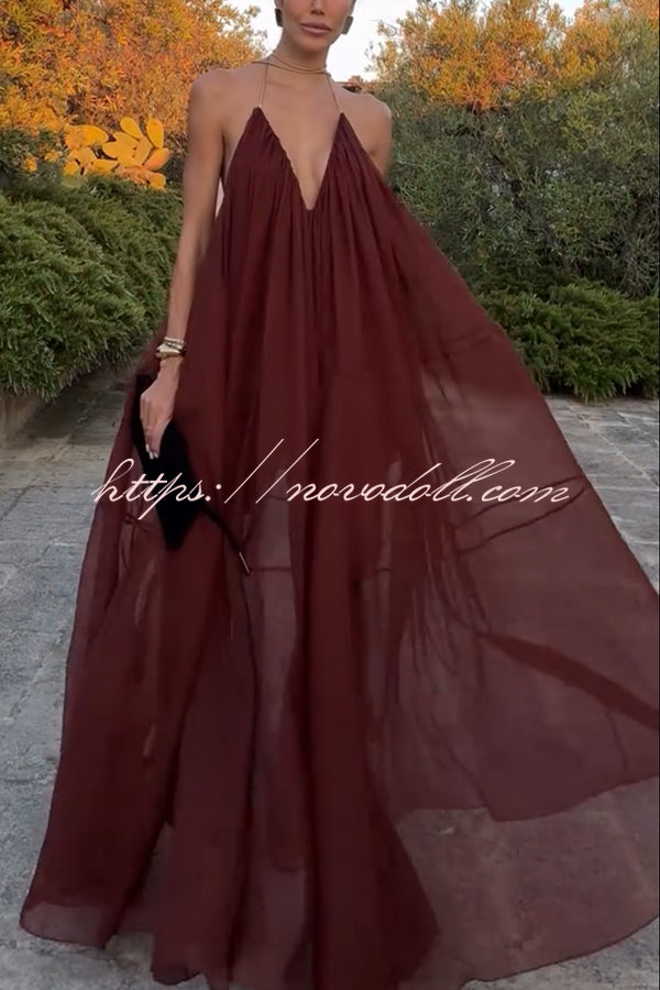 Flowing Lightweight Chiffon Chain Halter Neck Detail Backless A-line Maxi Dress